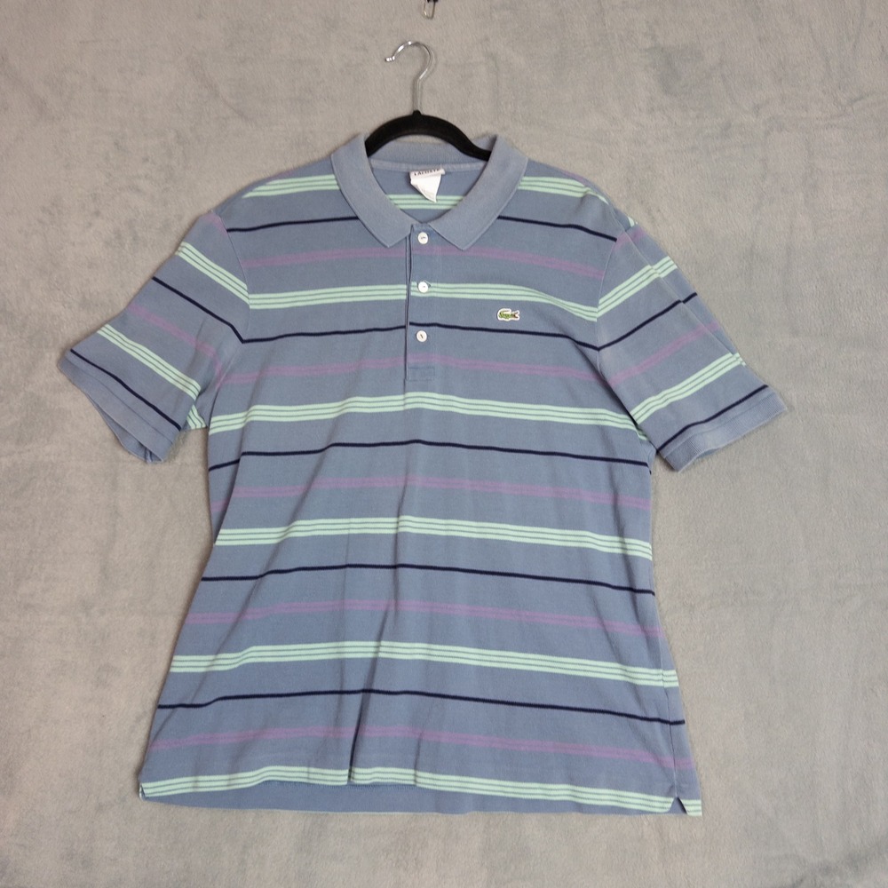 Lacoste Polo Shirt Mens 6 L Blue Striped Good Short Sleeve Pique Knit Logo